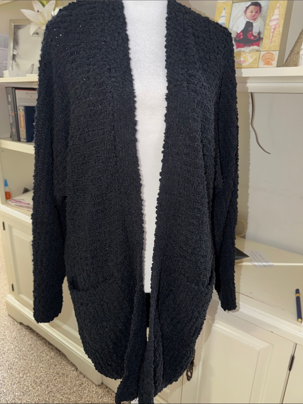 bobeau Black Open-Front Chunky Knit Cardigan